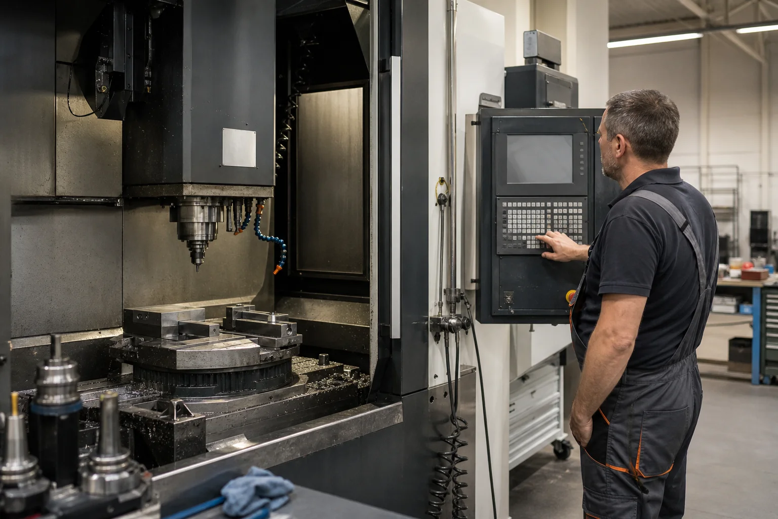 A used CNC machining center in a Hungarian workshop being inspected by a production manager before sale.