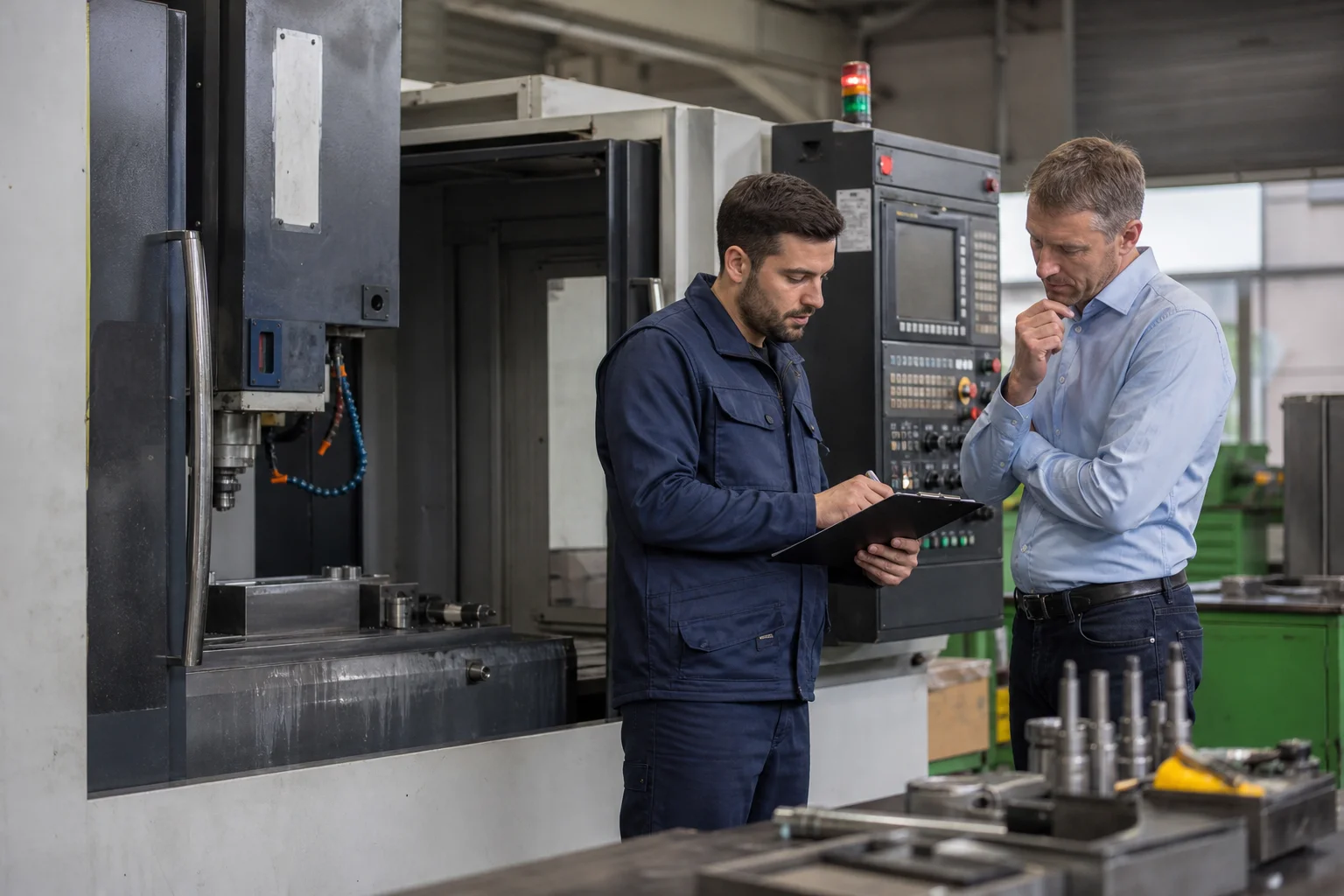 Used CNC machining center in a Slovenian industrial workshop with a technician reviewing the machine condition