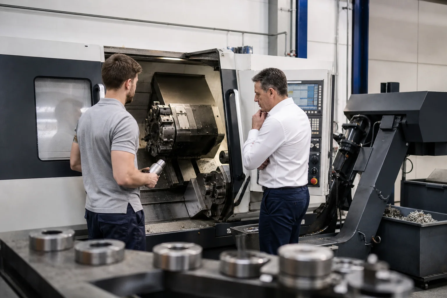 A used CNC metalworking machine in a German workshop being inspected for resale value