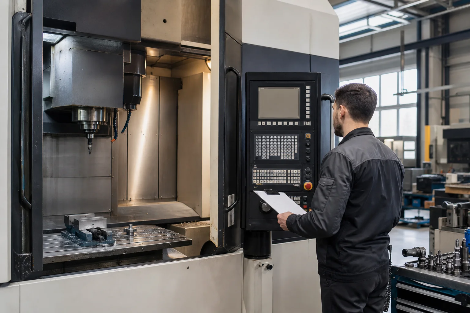 A used CNC metalworking machine in a Slovak workshop being inspected for resale value