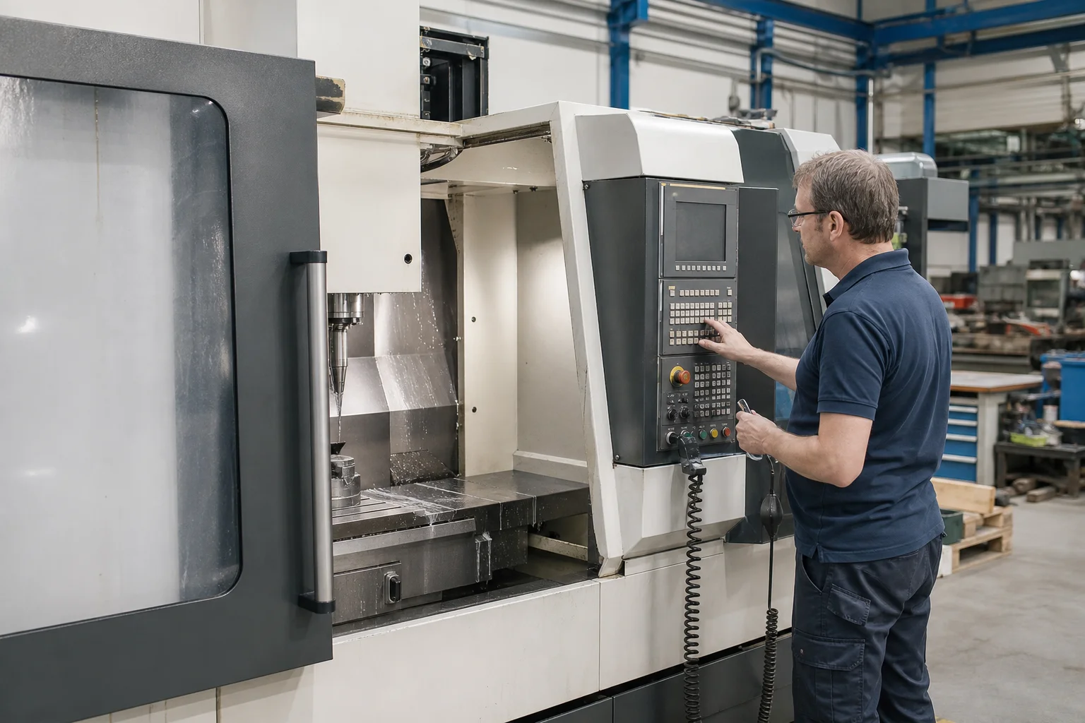 Used CNC machining center in a Czech workshop being inspected before sale