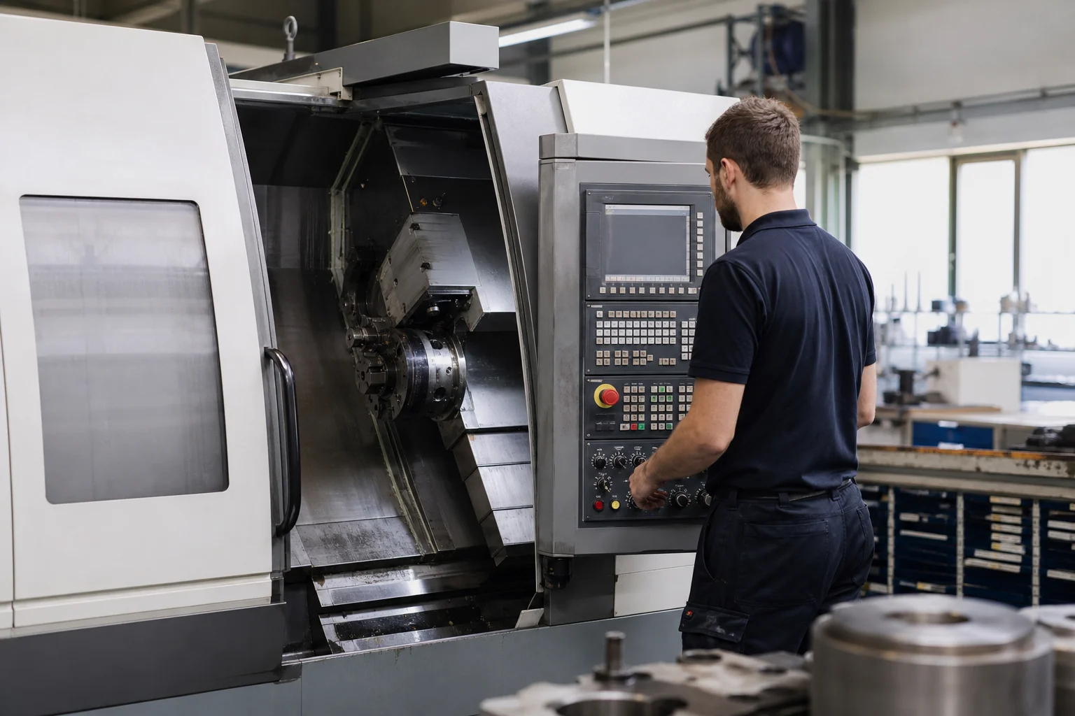 Industrial CNC machine in an Austrian workshop being inspected for resale value