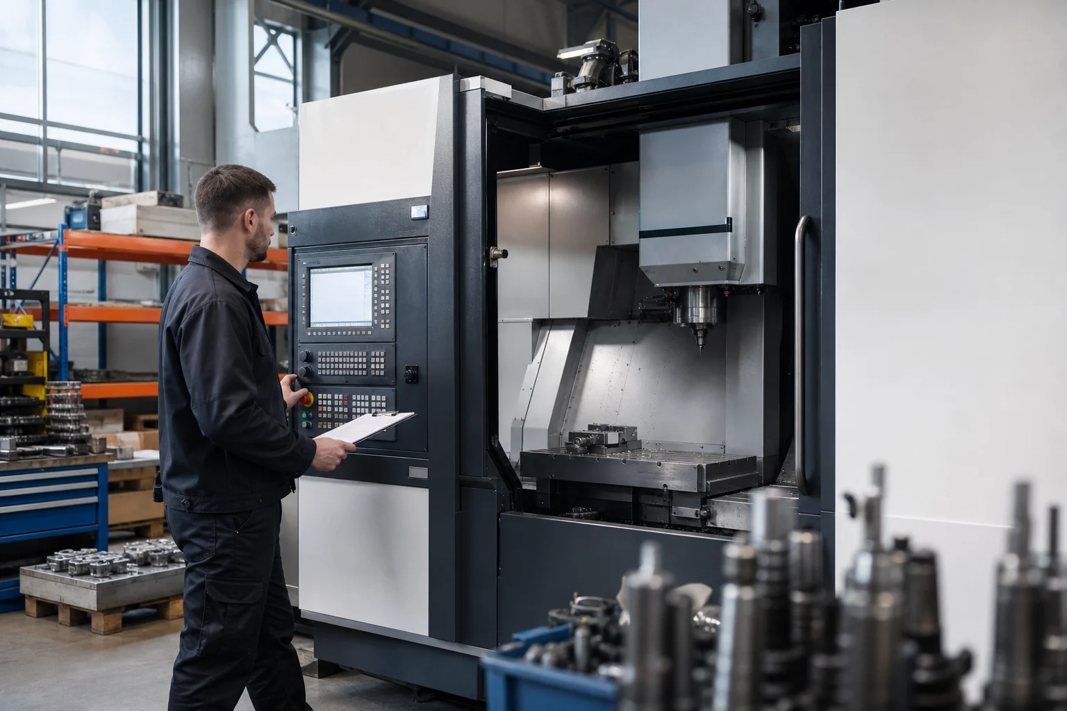 A used CNC machining center in a Polish workshop being inspected for sale valuation